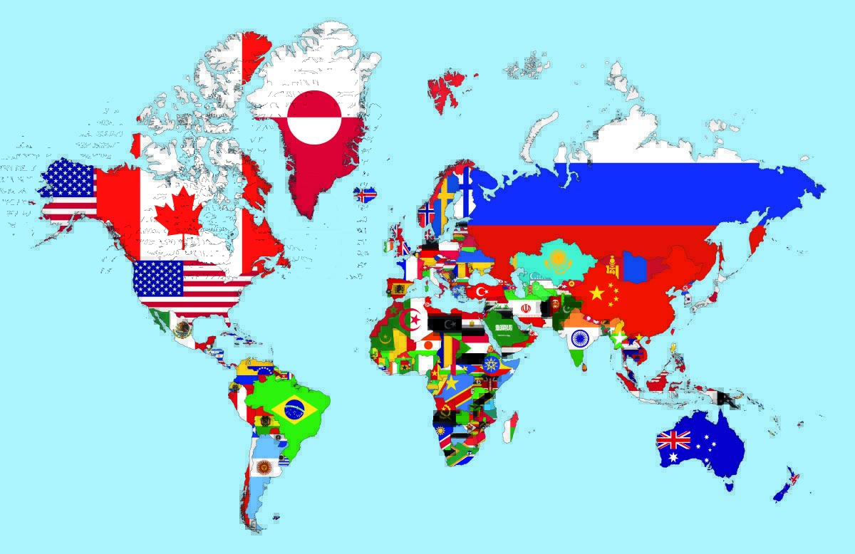 Illustration de la répartition des drapeaux sur la carte du monde Carte du monde avec drapeaux nationaux